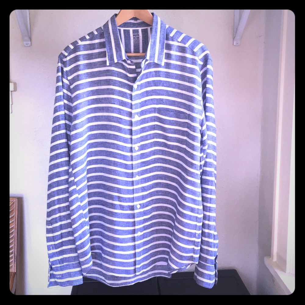 J Crew Men’s Irish Linen Striped Button Up Large